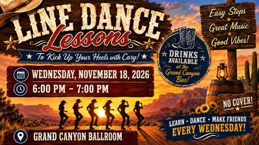 Line Dance Lessons flyer, Wednesday, November 18, 2026 at Briarwood Country Club, Grand Canyon Ballroom